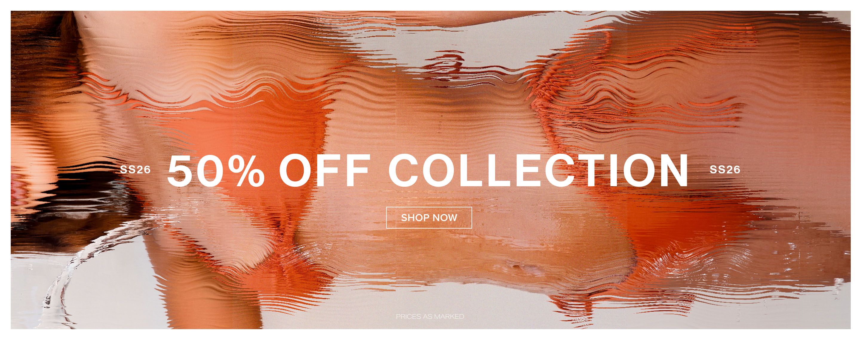 Distorted image of a person wearing an orange bikini, promoting 50% off the SS26 swimwear collection. Shop now for sale prices.