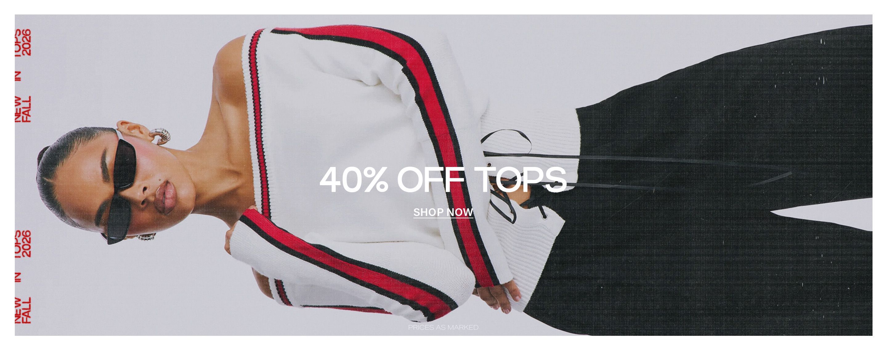 Model wearing a white off-the-shoulder knit top with red and black stripes, promoting a 40% off new fall fashion tops sale banner.