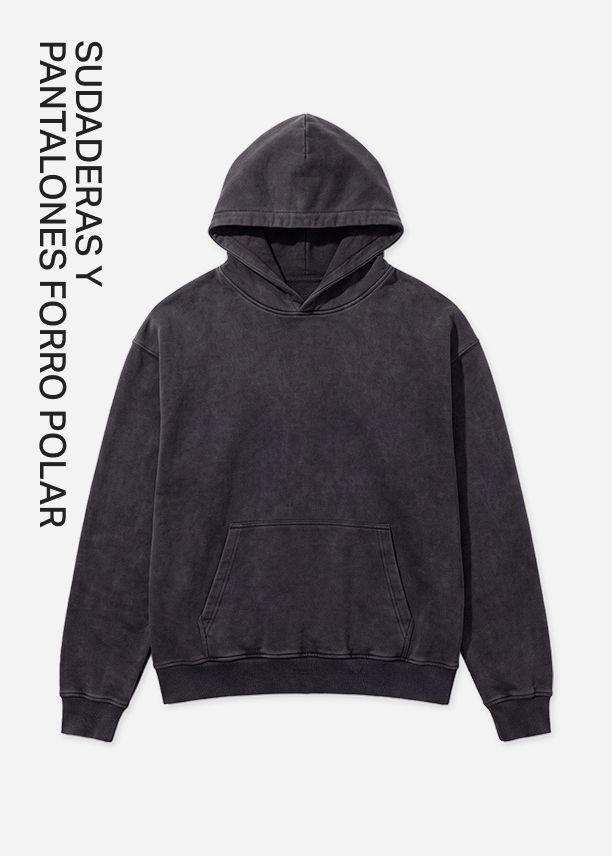 Sudadera con capucha gris oscuro, lavado ácido y bolsillo frontal sobre fondo blanco, destacando la colección de Hoodies & Sweats.