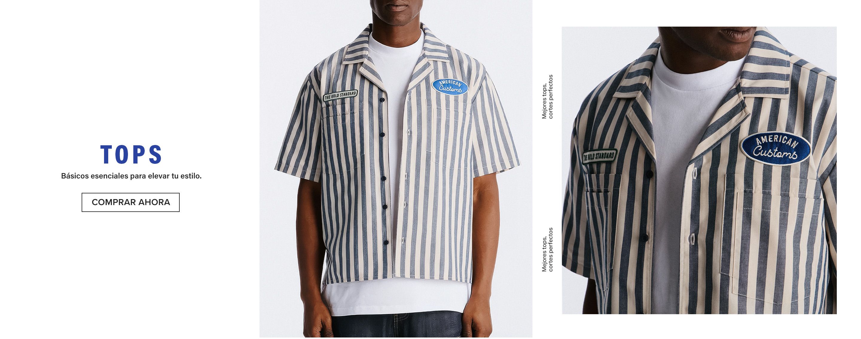 Camisa rayada azul marino y beige con parches "AMERICAN Customs" y "THE BOLD STANDARD". Promueve tops esenciales para hombre.