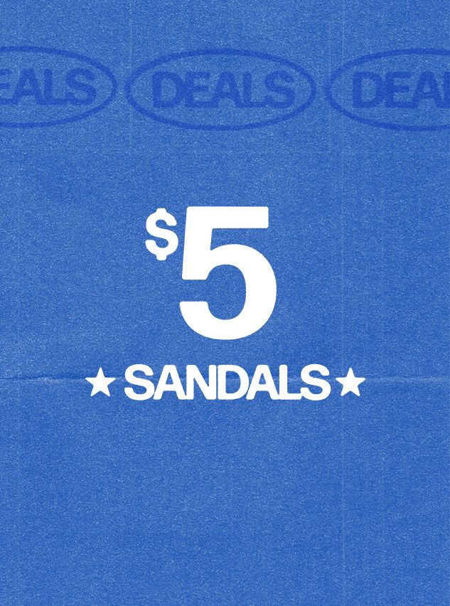 Textured blue background with white text displaying "$5 SANDALS" flanked by stars, announcing a great footwear deal. Faint "DEALS" repeated pattern at top.
