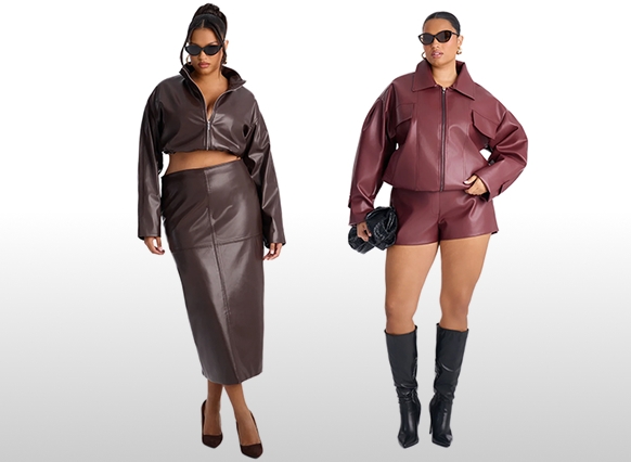 Modelos de talla grande presentan conjuntos de piel sintética marrón y burdeos con chaquetas, falda midi y shorts para la moda de otoño.