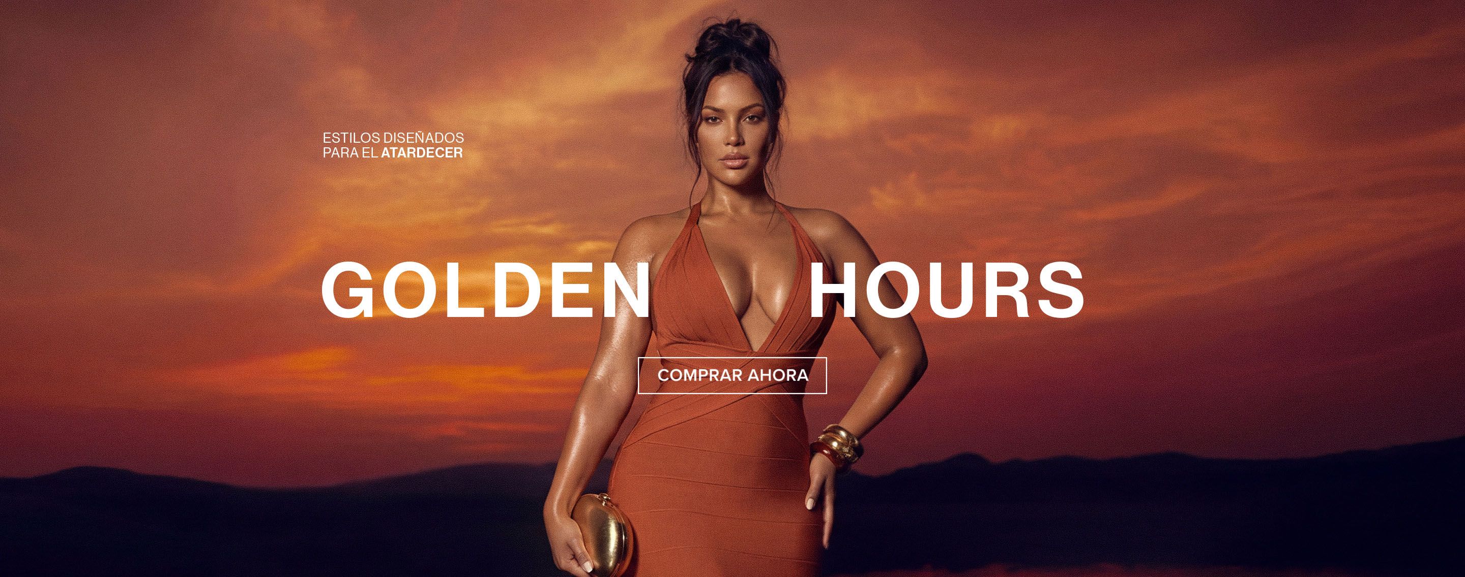 Mujer con vestido halter óxido brillante y cartera dorada, promocionando moda "Golden Hours" de verano bajo un atardecer. ¡Compra ahora!