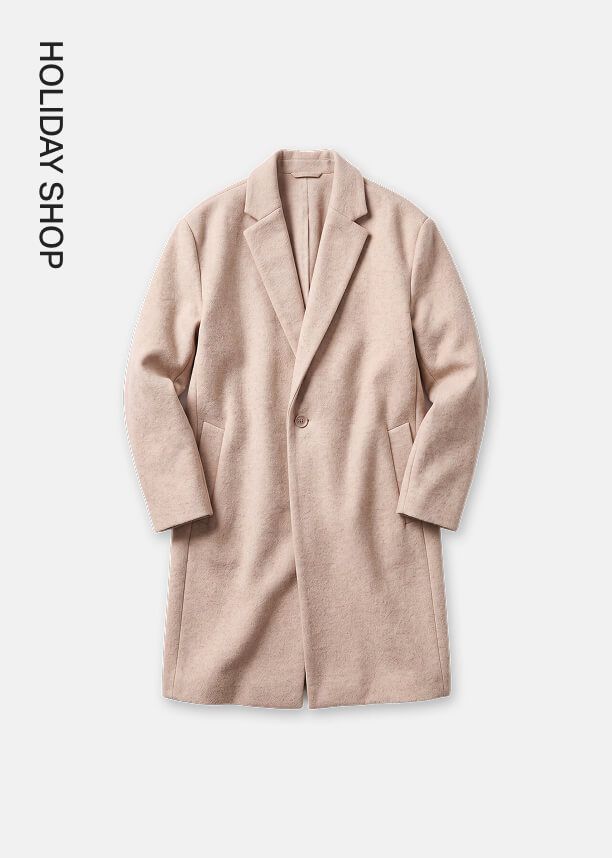 Tailored light beige wool overcoat from the Holiday Shop collection, featuring notch lapels and a single-button closure.