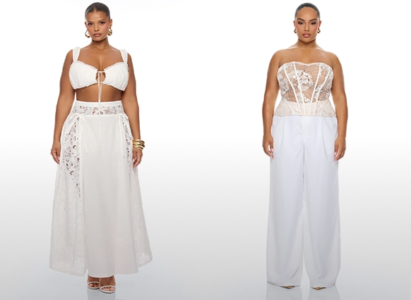 Model in two stylish white plus size looks. Left: lace crop top and maxi skirt. Right: elegant lace corset and wide-leg trousers. New arrivals.