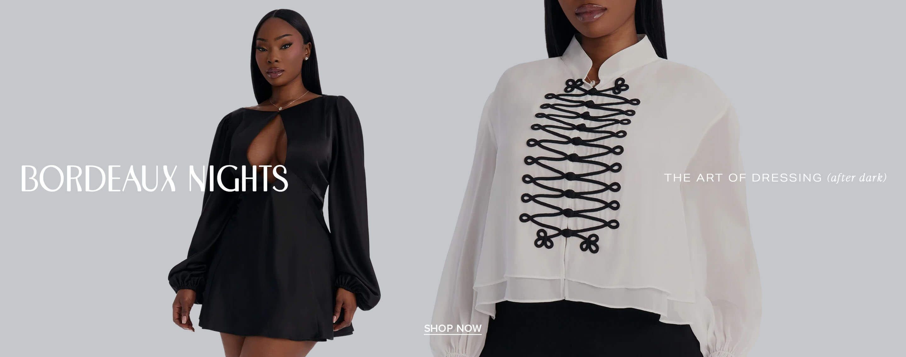 Models in a black satin cutout dress and white lace-up blouse from the Bordeaux Nights elegant evening wear collection. Shop now.