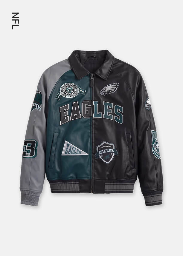 Philadelphia Eagles black, teal, and grey color-blocked leather varsity jacket with embroidered team patches for the official NFL collection.