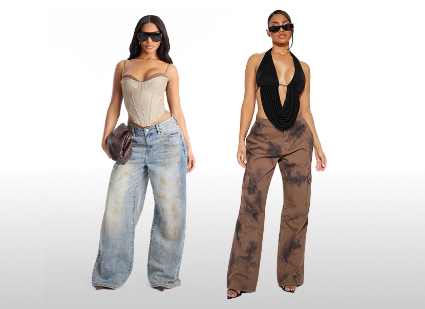 Models present chic new fashion: A beige corset with distressed baggy jeans, and a black halter top paired with brown tie-dye cargo pants.