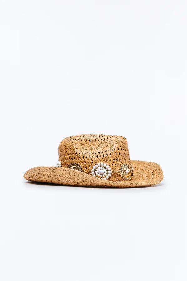 Natural woven straw boater hat with a flat brim, adorned with elegant pearl and gold concho details, ideal for summer style.