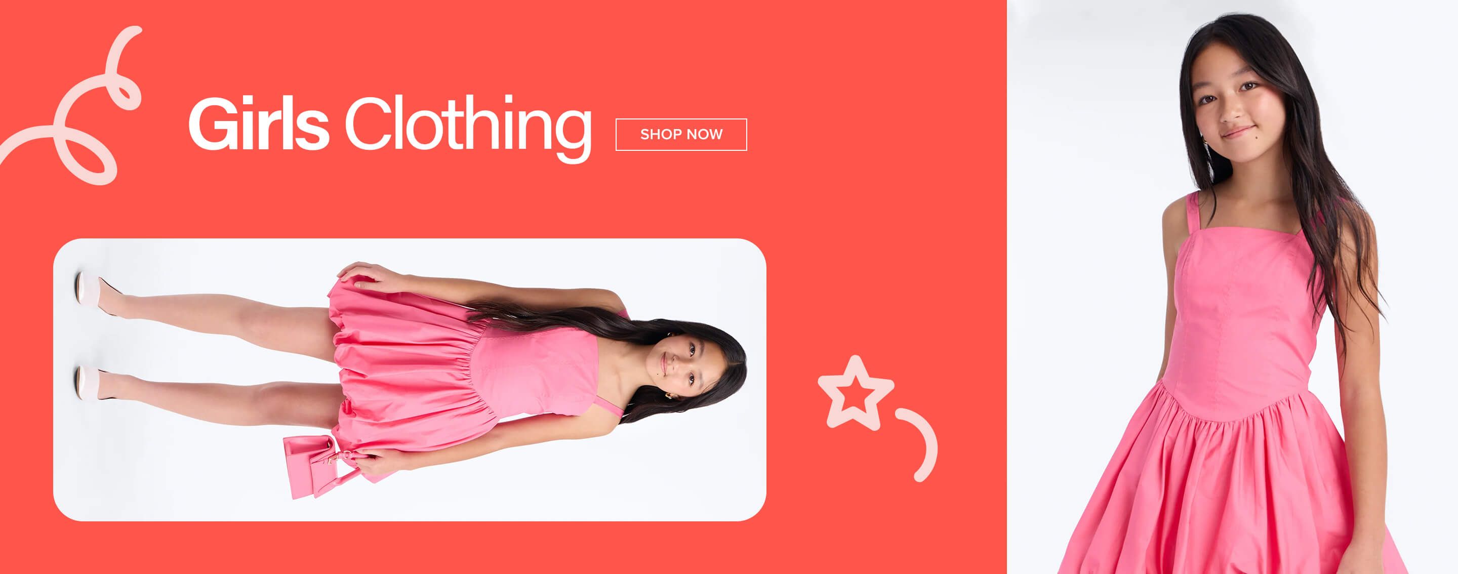 Smiling girl in a stylish pink dress, holding a matching purse, on a red "Girls Clothing" banner. Explore our kids fashion collection.