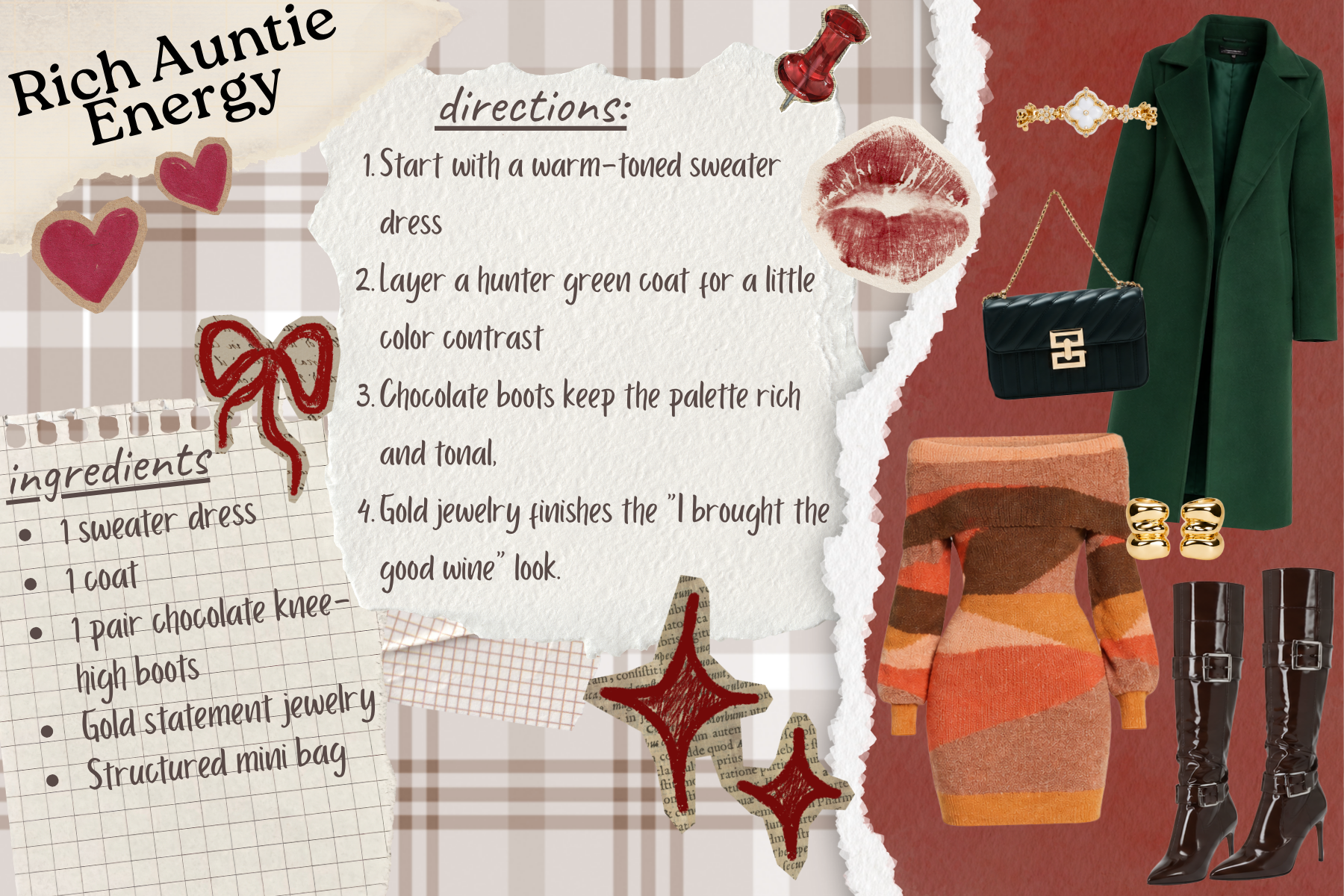 Rich Auntie Energy outfit guide collage with a warm sweater dress, hunter green coat, chocolate brown knee-high boots, and gold jewelry.