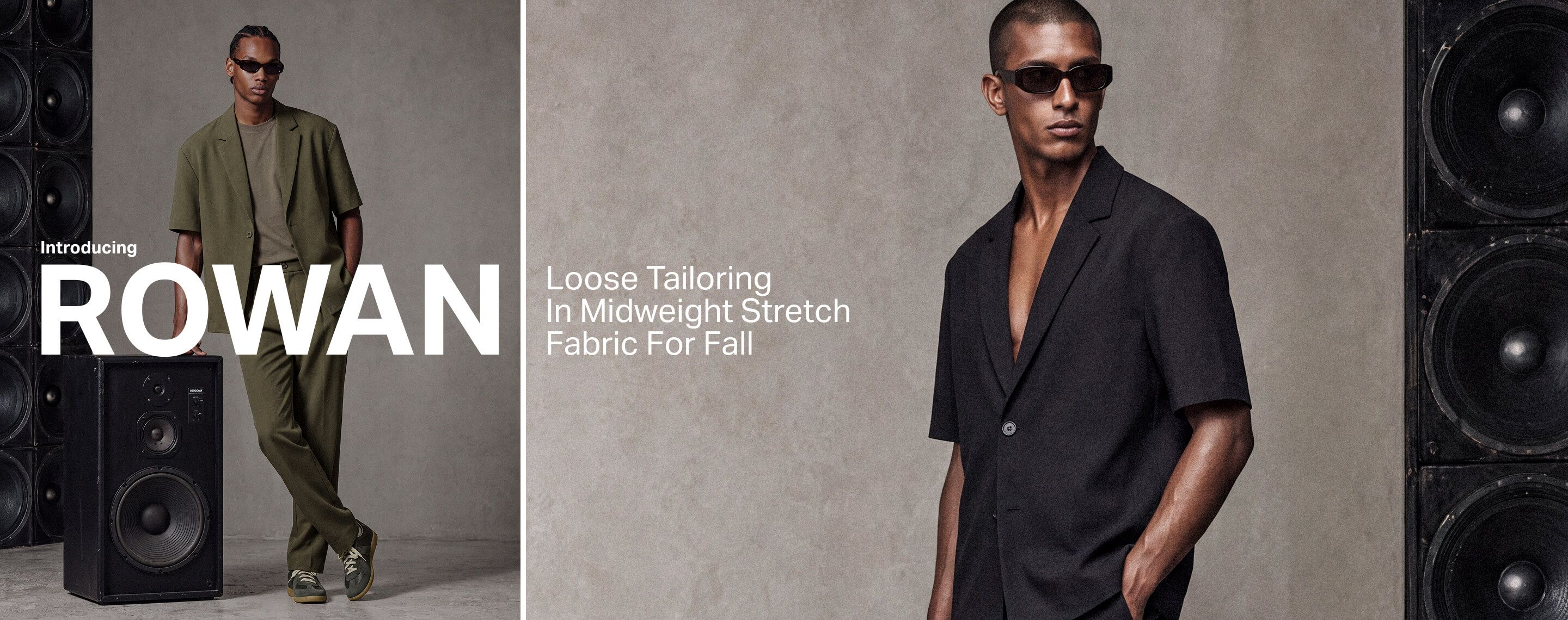 Introducing ROWAN fall men's collection with models in olive and dark grey loose-tailored, midweight stretch fabric outfits.