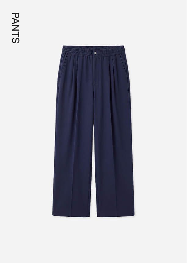 Navy blue wide-leg pleated trousers with an elastic waistband on a light background, featuring the new stylish pants collection.