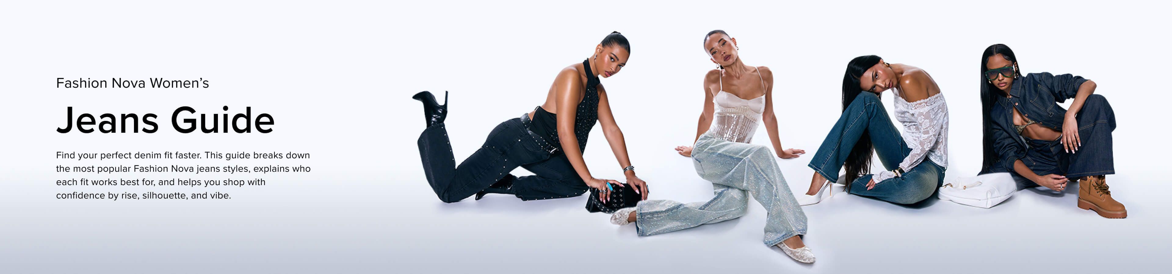 Four models displaying a diverse new fashion collection: studded black denim, sparkly jeans, white lace, and casual dark denim styles.