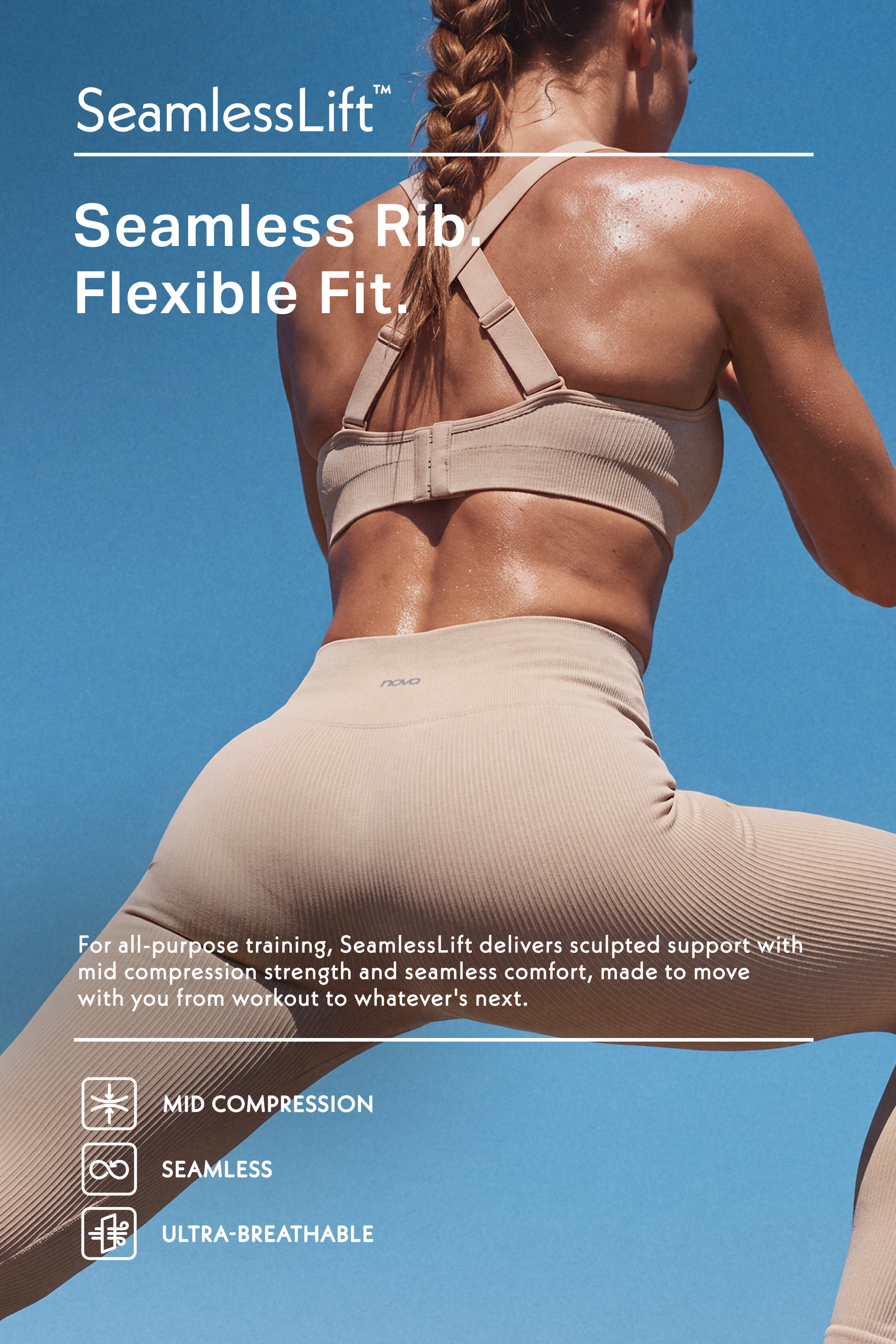 Woman in beige SeamlessLift ribbed activewear set stretches against a blue sky, promoting flexible fit seamless sports bra and leggings.