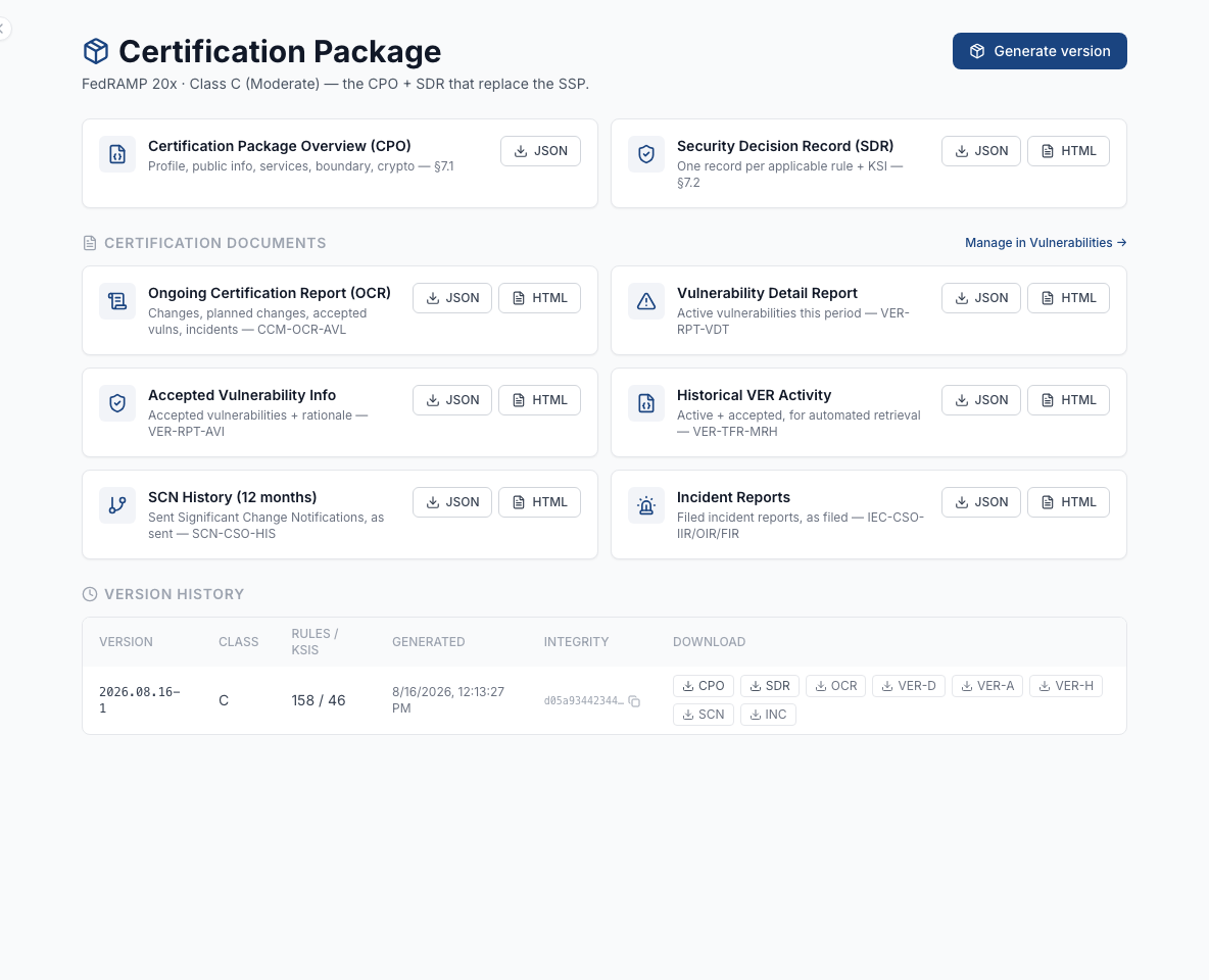 Boundera Certification Package workspace showing CPO, SDR, ongoing certification, and vulnerability report exports. The SDR offers JSON and HTML downloads.