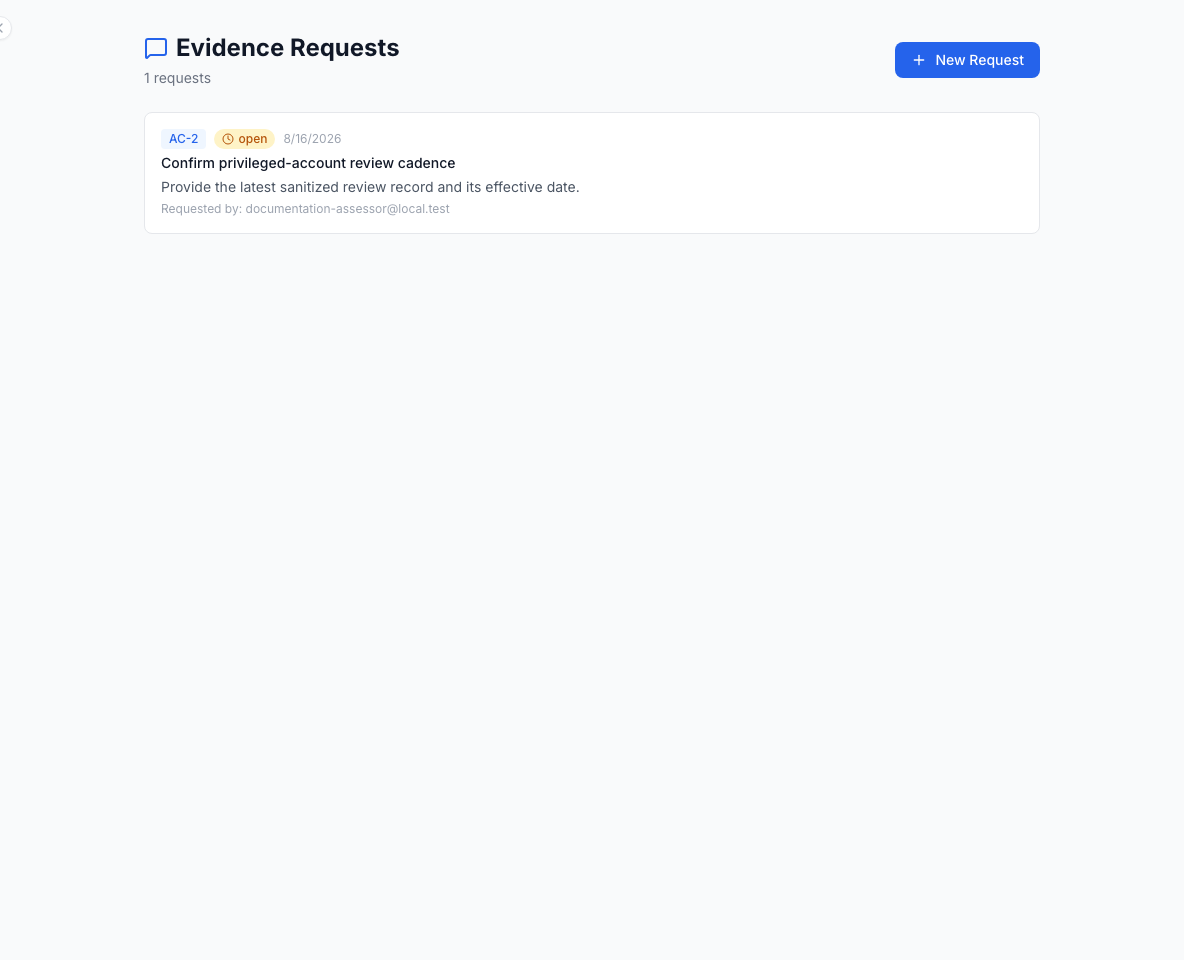 Boundera assessor workspace showing an open request for control AC-2 evidence, with a request to provide the latest sanitized review record and its effective date.