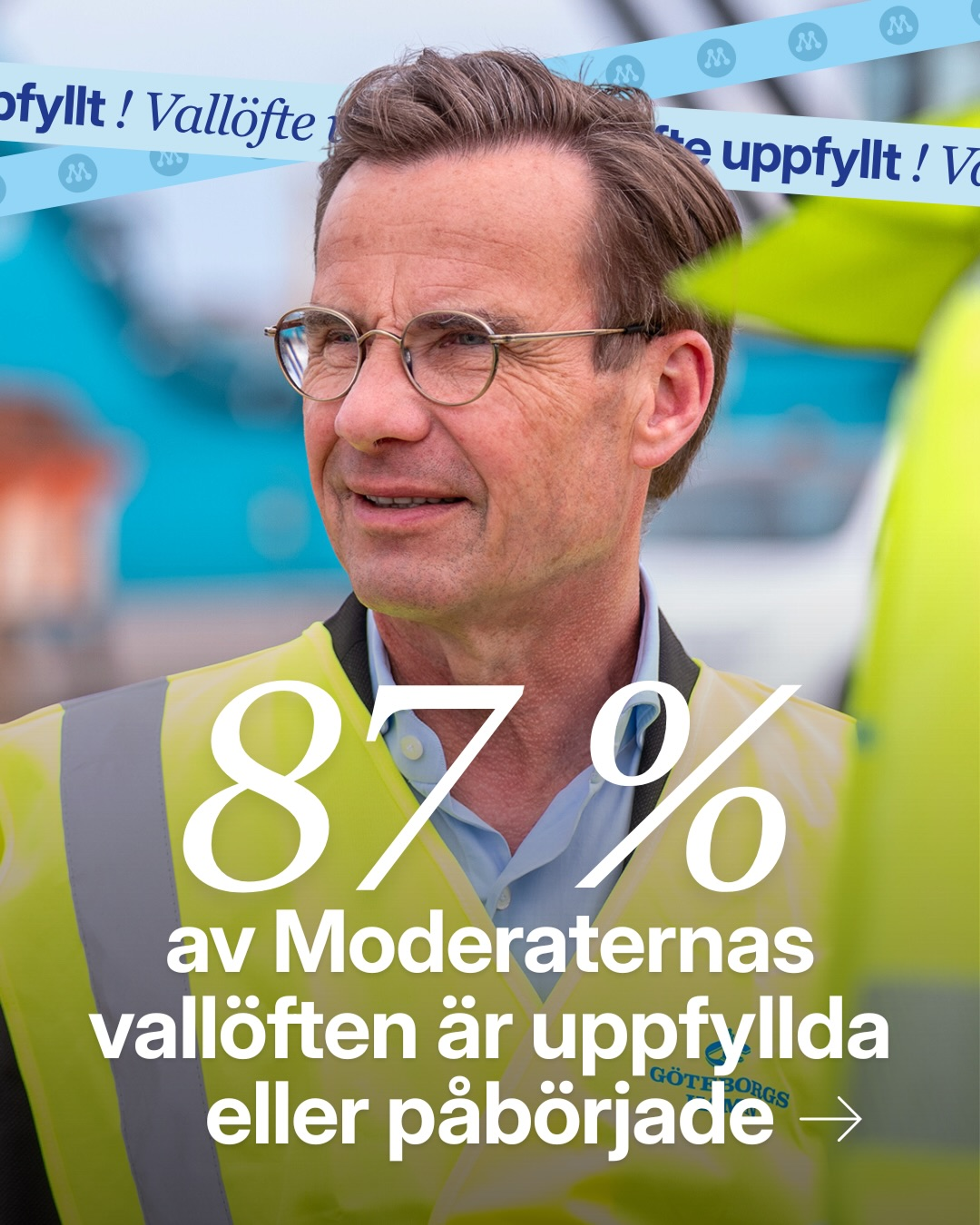Ulf Kristersson iförd gul varselväst vid ett arbetsplatsbesök, med texten ”87 procent av Moderaternas vallöften är uppfyllda eller påbörjade”