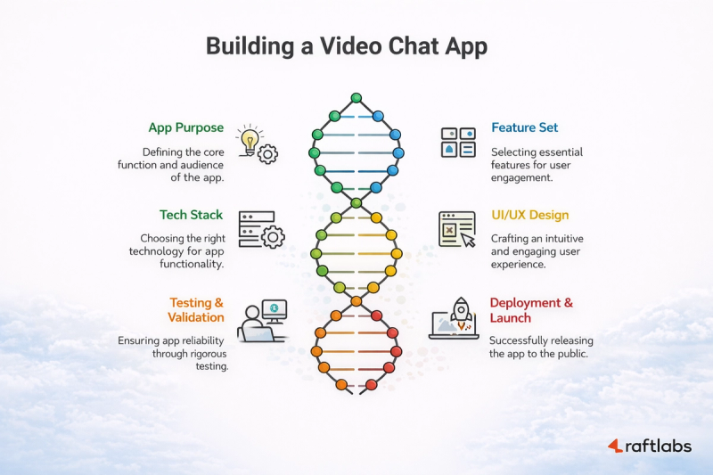 Visual representation of steps to build video chat app Visual representation of steps to build video chat app