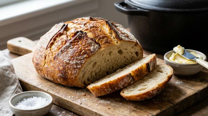 A round loaf of artisan crusty bread baked to a deep golden brown.