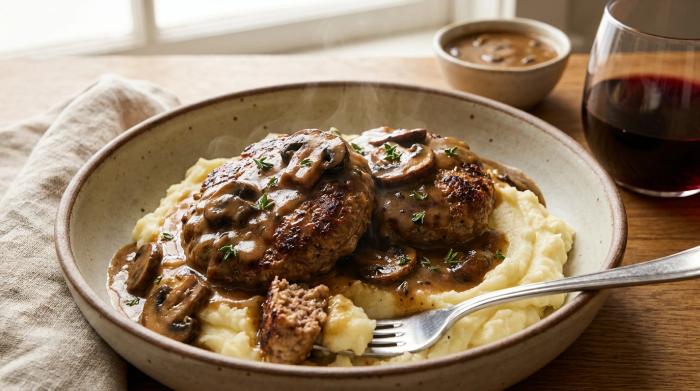 Overhead view of a juicy Salisbury steak covered in dark mushroom gravy.