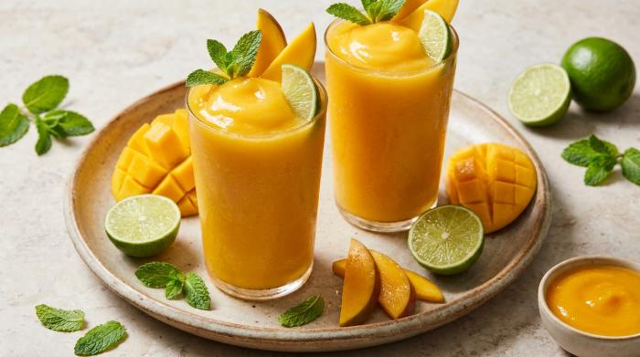Bright yellow mango daiquiri in a martini glass with strawberry garnish.