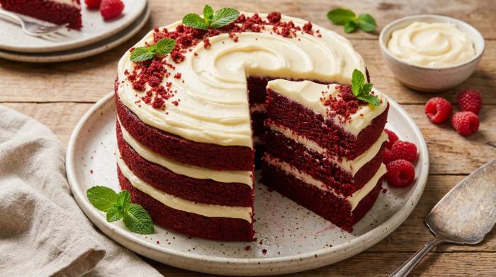 A whole frosted red velvet cake sitting on a cake stand garnished with red crumbs.