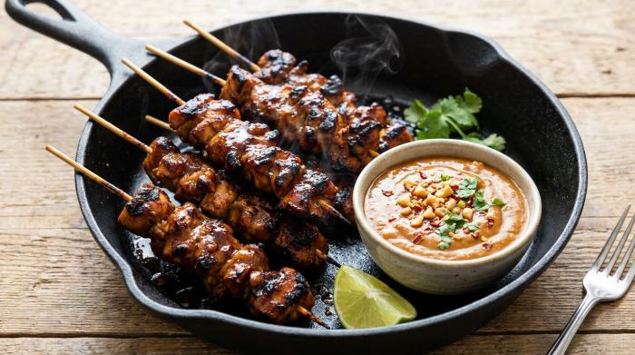 Pile of Thai chicken satay skewers next to a bowl of peanut sauce.