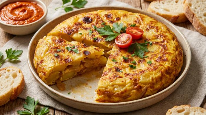 A thick, golden Spanish tortilla served on a platter