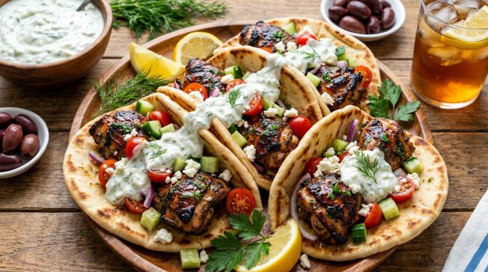 Platter of assembled Greek Chicken Gyros wrapped in parchment paper