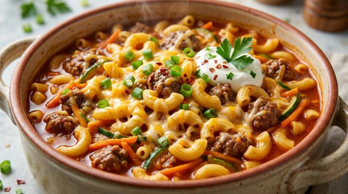 Close up of cheesy Cajun beef pasta.