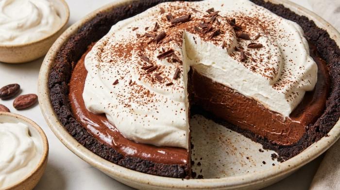 Whole chocolate cream pie topped with whipped cream and grated chocolate.