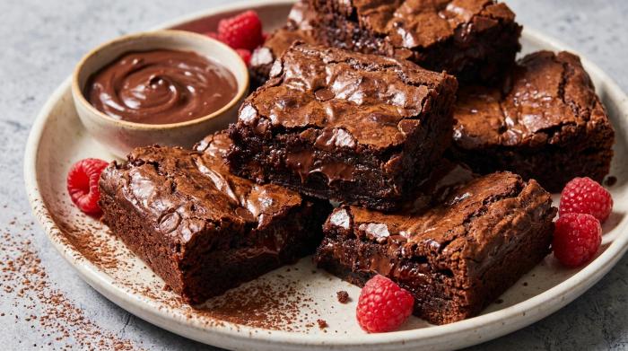 A stack of freshly baked chocolate brownies with crinkly tops and fudgy centers
