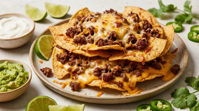 A large tray of baked beef nachos with cheese sauce, grated cheese, and beef layered on corn chips.