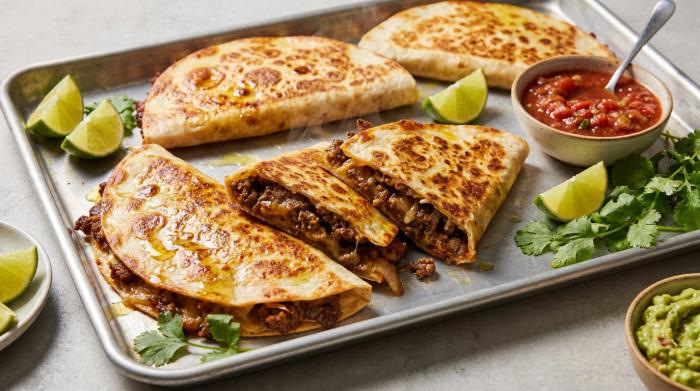 A stack of golden, crispy oven-baked beef quesadillas served with avocado dip.