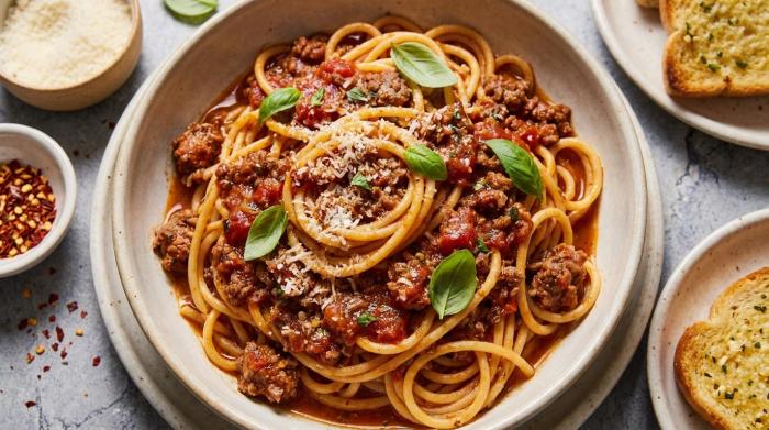 A bowl of rich spaghetti bolognese garnished with parmesan and parsley.