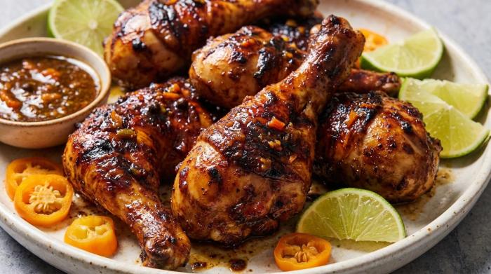 A close-up of dark brown, sticky Jamaican jerk chicken drumsticks.