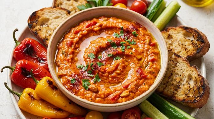 A bowl of vibrant Spanish Romesco sauce ready to be served.