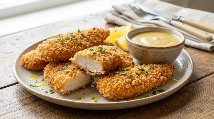 Golden, crispy oven baked chicken tenders stacked on a plate next to honey mustard sauce.