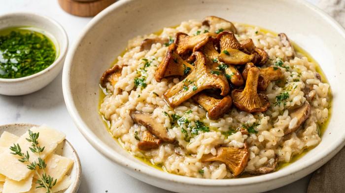 A bowl of creamy mushroom risotto generously topped with golden brown pan-seared mushrooms.