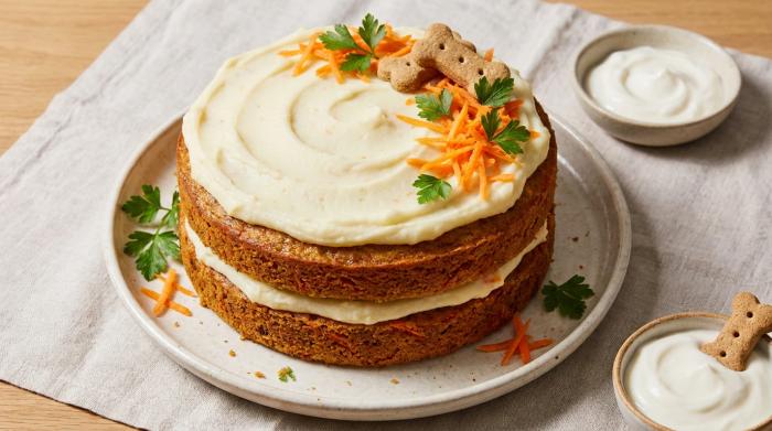 A two-layer dog cake covered in fluffy white frosting