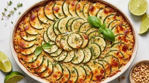 Whole baked zucchini tian with a golden crust in a baking dish.