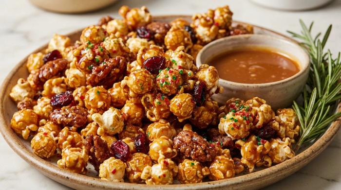 A close-up view of crisp caramel-coated popcorn studded with almonds.