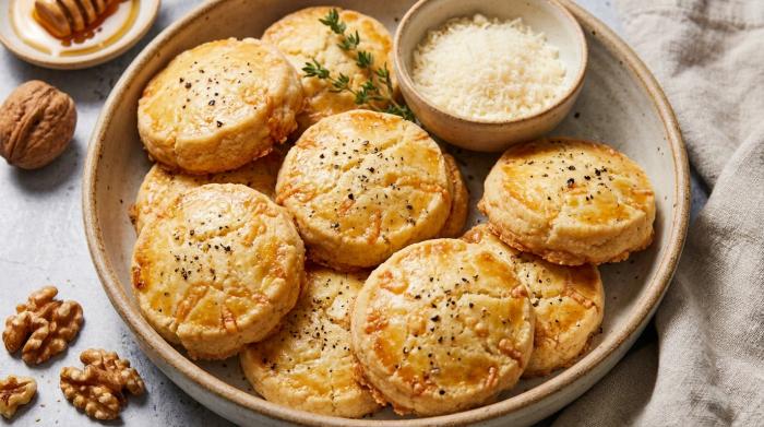 Close up of buttery parmesan shortbread biscuits stacked on a table.