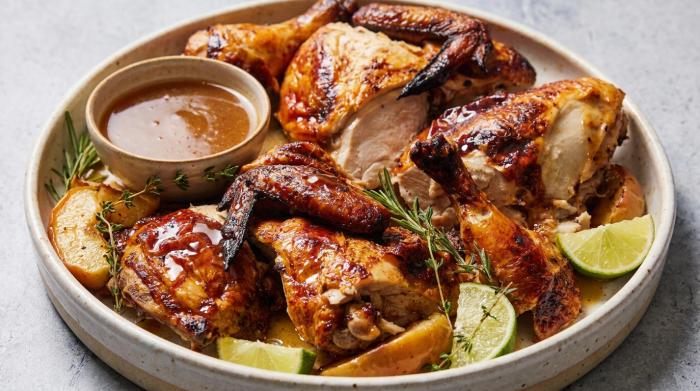 A festive whole roasted duck garnished with pomegranate seeds on a serving platter.