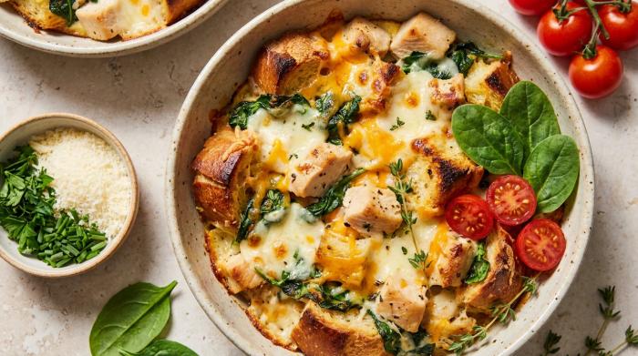A freshly baked chicken and spinach bread casserole in a square baking dish.