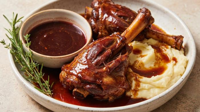 Slow cooked lamb shank with red wine sauce on mashed potatoes.