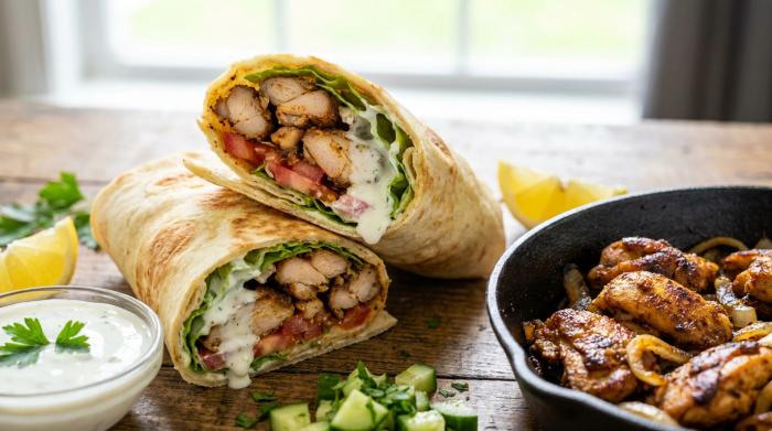 A tightly rolled chicken shawarma wrap cut in half