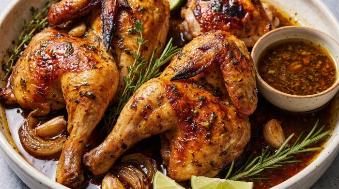 A perfectly golden brown roast chicken sitting on a platter.