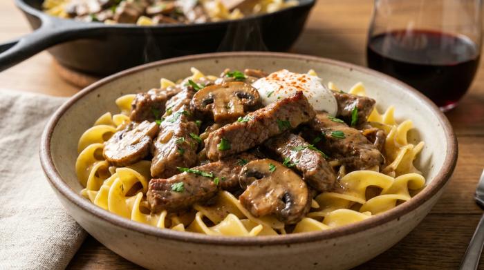 Close-up of tender beef strips in a creamy mushroom gravy served over pasta.